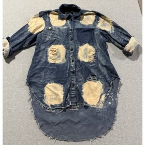 Thrill Jeans Womens Sz 2XL Blue White Denim Roll Sleeve Thrashed Bleached Shirt